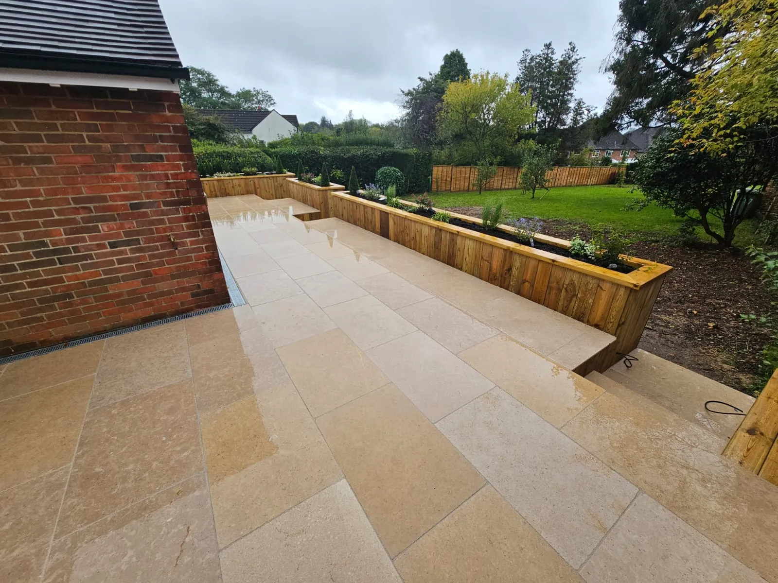 Large patio outside with wall